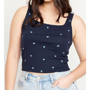 Old Navy Navy Blue Floral Ultra Crop Rib Knit Tank Top NEW Womens XL Summer Vaca
